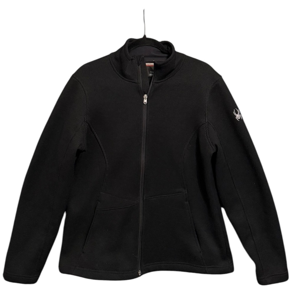 Spyder Womens Black Waffle Knit Full Zip Fleece Lined Jacket Large Mock Neck